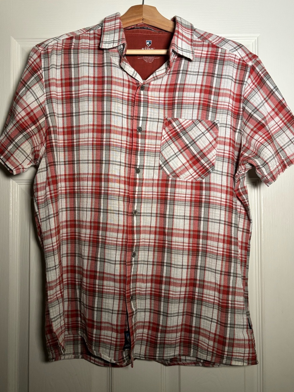 KUHL Men's Red & White Plaid Short-Sleeve Button-Up Shirt Large 100% Cotton